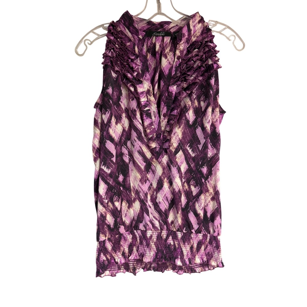 Essentials by Milano Purple Abstract Ruffle Neck Smocked Waist Blouse Small